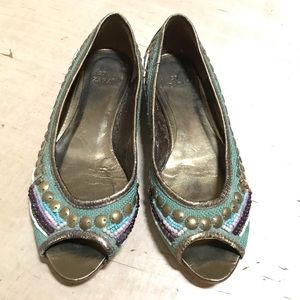 Zara Embellished Studded Peep Toe Flats Boho Statement Shoes EU 37